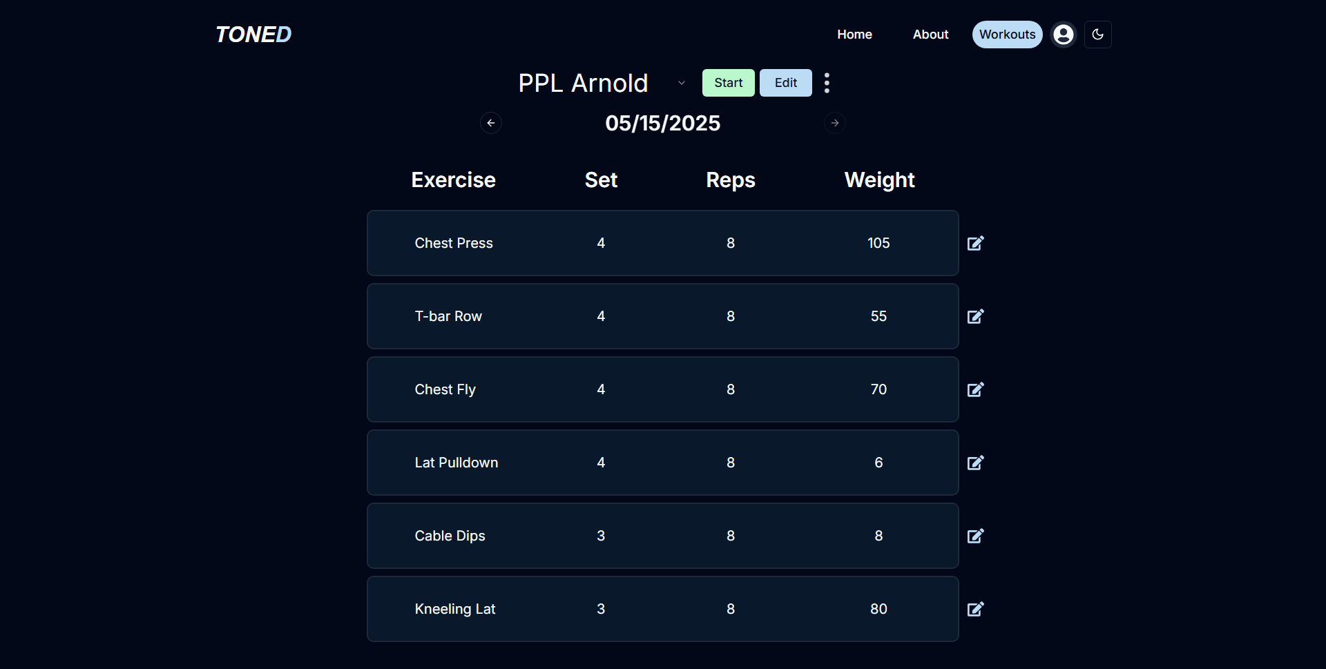 Screenshot of Toned app
